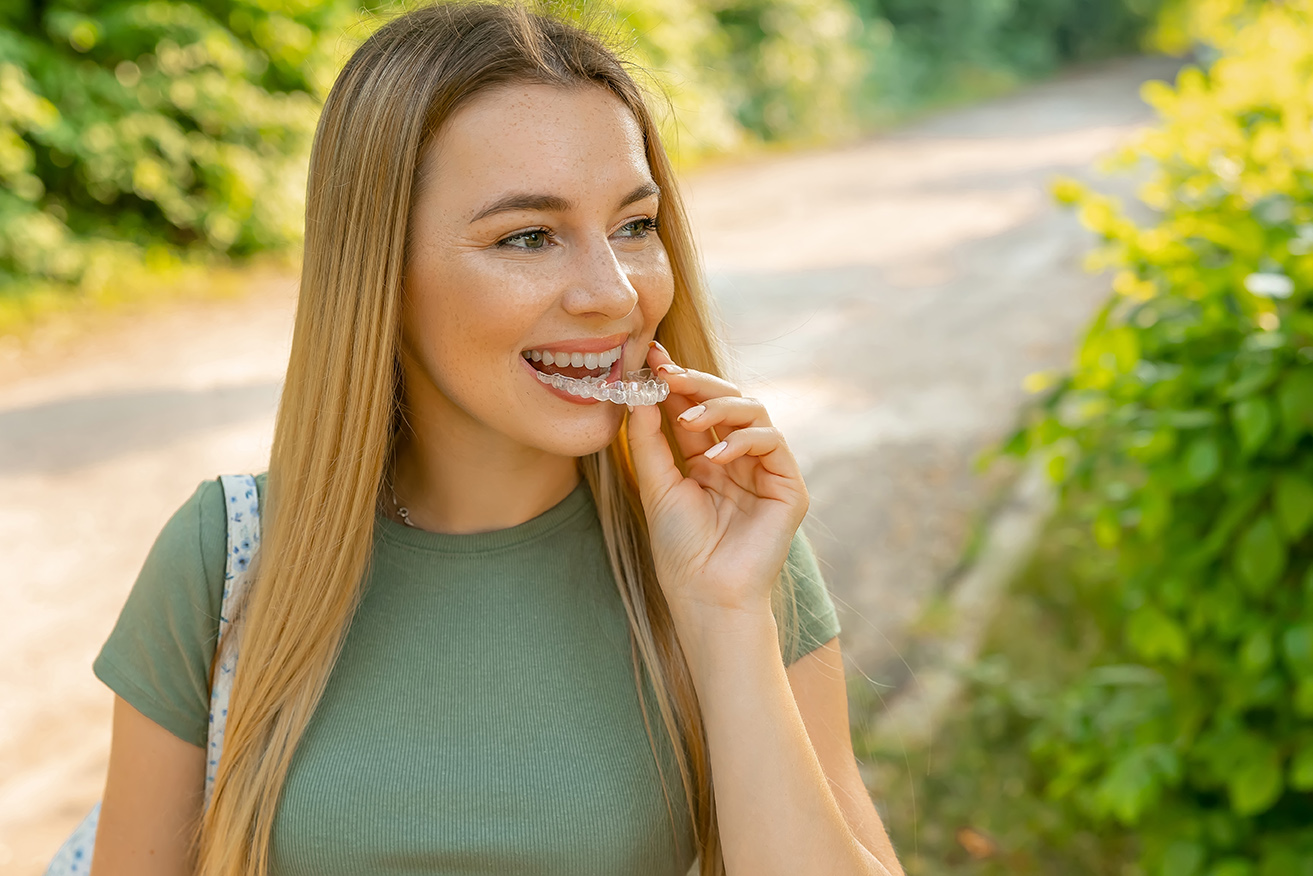 teenager girl placing clear aligners in her teeth from the smile design